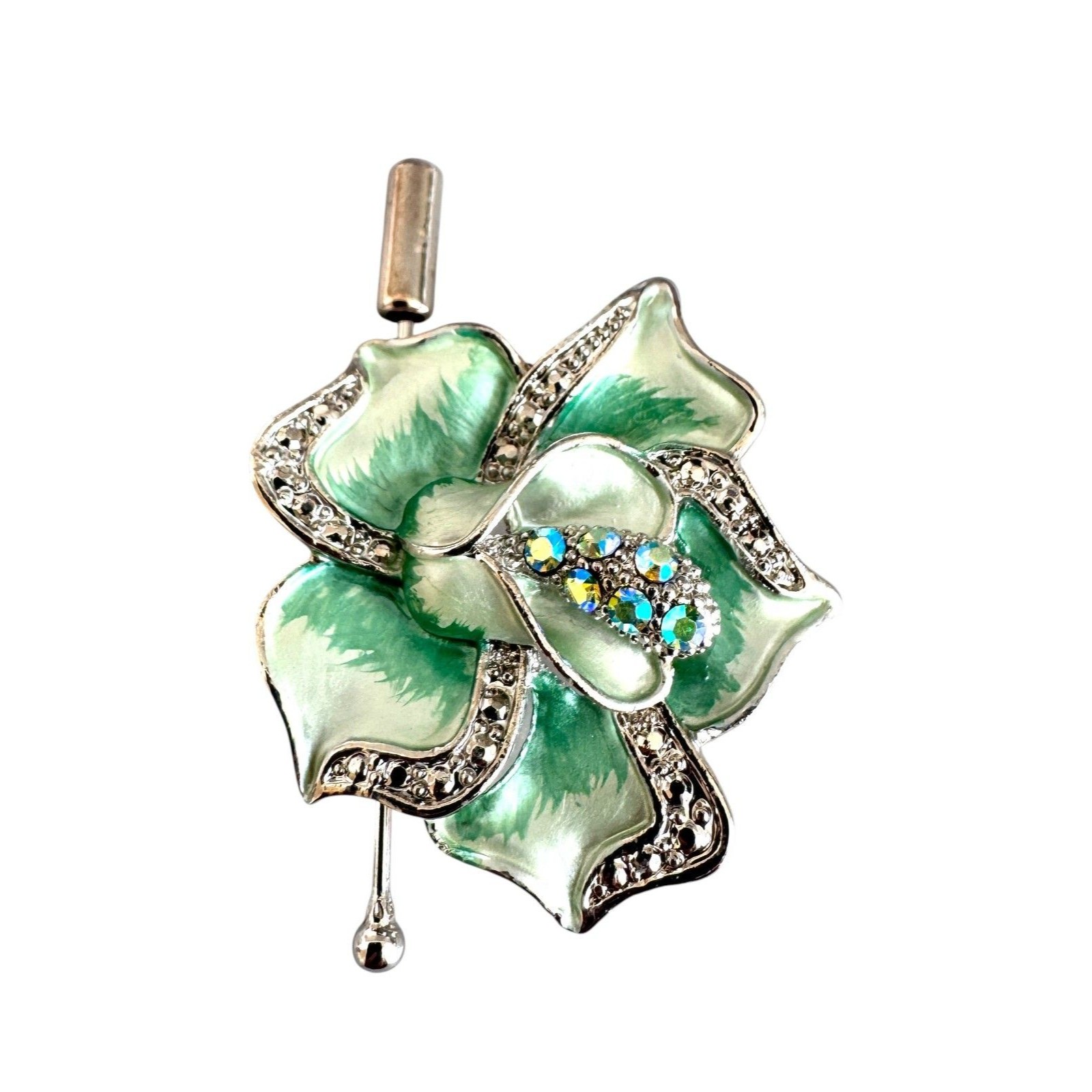 Green Enamel And Silver Plated Flower Brooch #22069